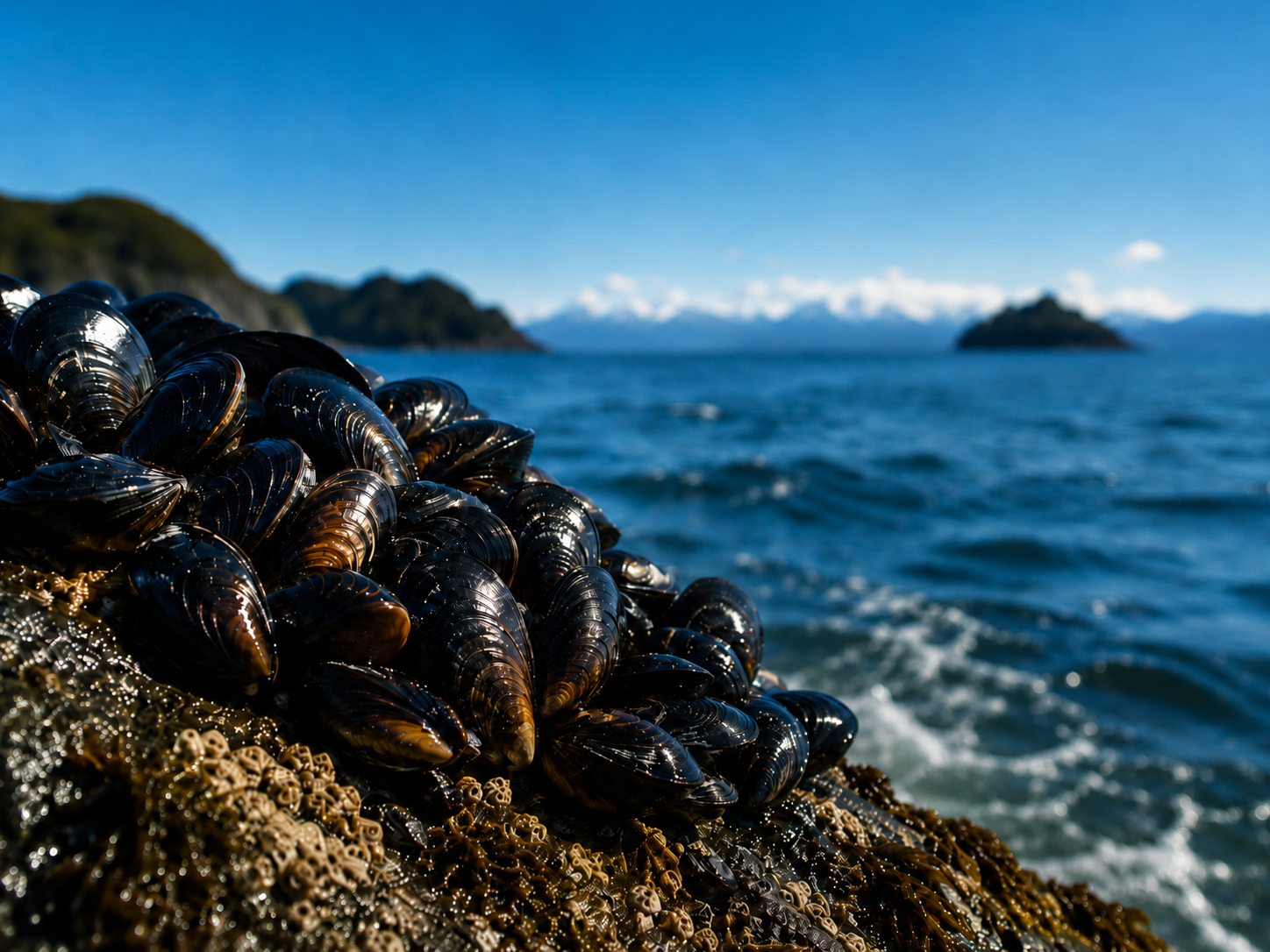 Mejillones chilenos sobre una roca junto al mar