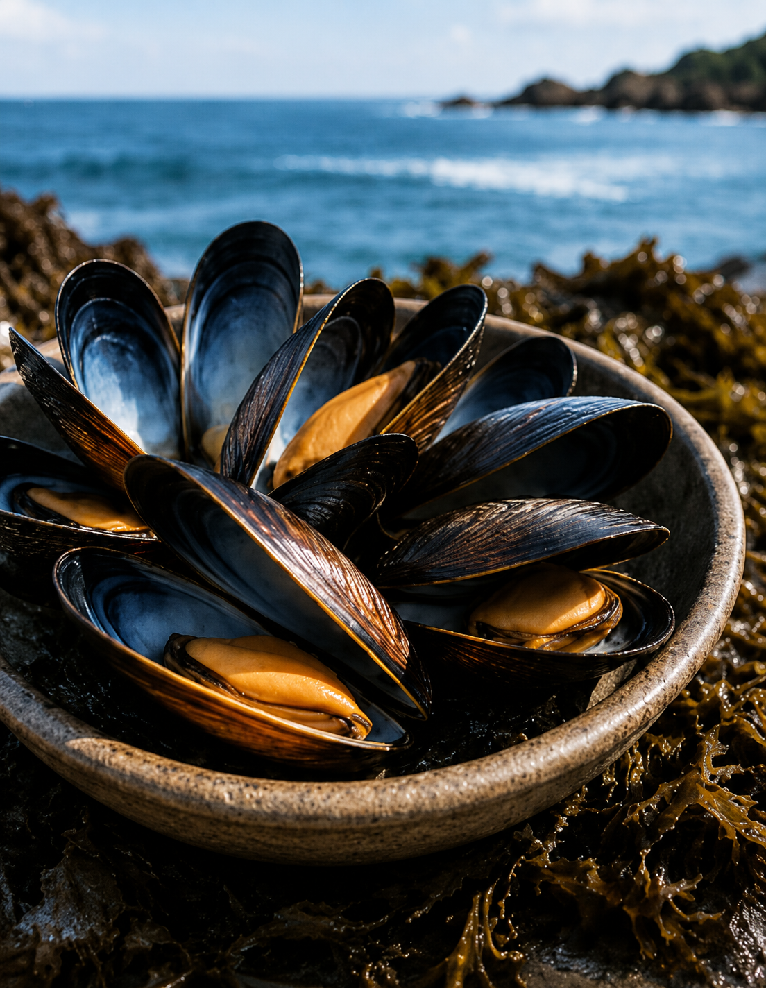 Mejillones chilenos en un recipiente junto al mar